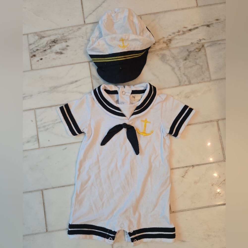 White and Navy Baby Sailor Outfit with Anchor Design